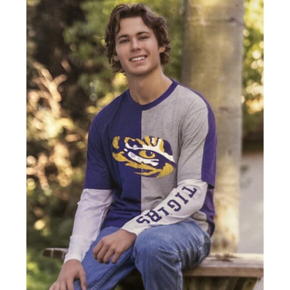 LSU Geaux Tigers Football Retro Logo Color Block Mens Shirt L Colosseum NEW - Picture 1 of 9